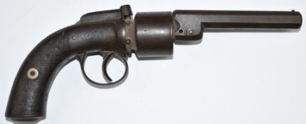 Unnamed six-shot double bar hammer action transitional percussion revolver with engraved frame,
