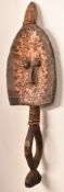 African carved tribal mask with copper face, probably Ashanti, 49cm long.