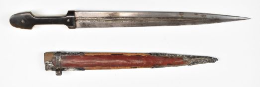 A 19thC Caucasian Cossack kindjal with bone/horn handle, 30cm double fullered blade and sheath.