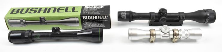 Three rifle scopes Bushnell Buckhorn 3-9x40 Wide Angle in original box with outer sleeve, Bushmaster