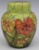 Moorcroft Collectors' Club ginger jar decorated with nasturtium flowers, designed by Rachel