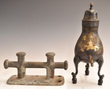 Toleware samovar with chinoiserie decoration (33cm tall) and a bronze ship's cleat.