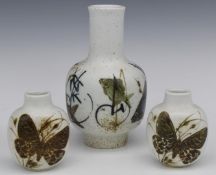 Copenhagen faience vases decorated with fish and butterflies, tallest 18cm