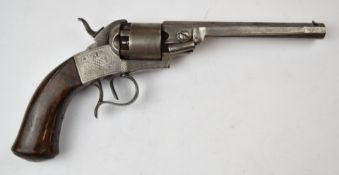 F Kinapen Belgian 54 bore 5 shot single action percussion revolver with engraved frame, hammer, butt