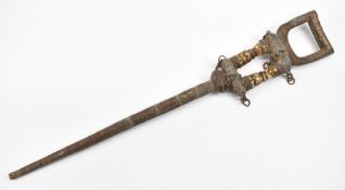 Tribal wire bound and bone handled carved wooden walking or king stick, 103cm long.