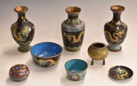 Six Chinese cloisonné vases, bowls, pin dishes and covered pots together with a bronze censer,
