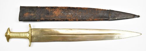 Continental brass handled short sword with broad double edged 50cm central fullered blade and