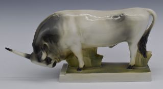 Zsolnay Pecs bull with incised signature to base, W32 x H17cm