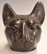 Egyptian carved and polished stone cat head sculpture, signed to side Abu Qalam, 15cm tall.