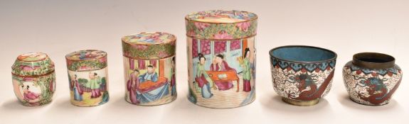 Four Chinese 19th/20thC famille rose covered jars (largest 9.5cm tall) together with two pieces of