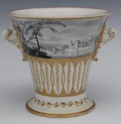 Pinxton jardinière c1800 of trumpet form, the acanthus leaf scroll handles decorated with landscapes