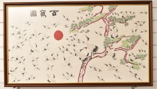 Chinese embroidery depicting storks flying amongst pine tree branches, 60 x 110cm