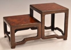Chinese 19th/ early 20thC burr wood two tier stand, H11 x L20cm