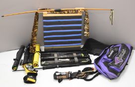 Longbow, multiple sets of arrows in hard cases, fletching and archery related accessories etc