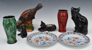 Three signed Anita Harris items comprising two vases and a cat, Wild Grouse whisky decanter, Devon