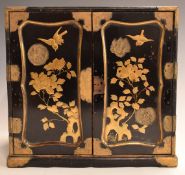 Japanese lacquer cabinet with gilt decoration of birds and fitted interior, 26x27x16.5cm.