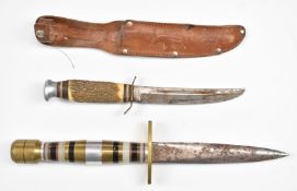 Whitby of Soligen hunting knife with 14cm blade and leather sheath together with fighting knife with