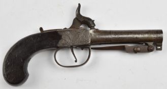 W Hill of London percussion hammer action pocket pistol with sprung bayonet, named and engraved
