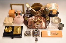 A collection of oriental boxes, cloisonné / enamel chamber stick, Art Nouveau copper crumb tray,