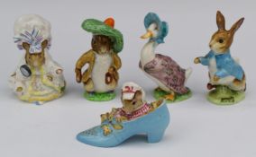 Five Beswick Beatrix Potter figures including four with BP2 gold oval backstamps