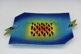 Richard Godfrey studio pottery large twin handled tray/dish with abstract fish decoration, 51 x