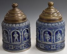 Pair of large Mettlach jars with metal covers, H35cm