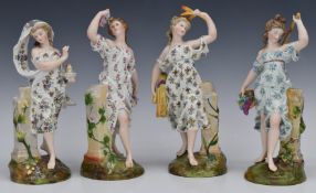 Four 19th/20thC porcelain figurines of the Four Seasons with Chelsea/Derby style gold anchor marks
