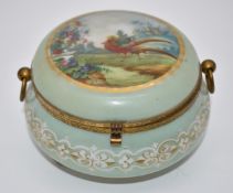 Opaline glass casket with hinged lid and brass mounts with birds of paradise decoration, H12 x