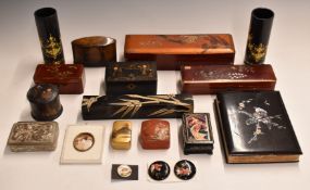 A collection of Chinese and Japanese 19th/20thC lacquer boxes, carved stone chopstick box, buttons