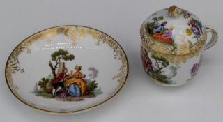 Meissen covered chocolate cup, cover and saucer decorated with Watteau scenes, H9.5cm