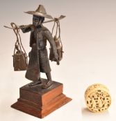 Chinese 19thC carved ivory pot with screw top (4.2cm in diameter) together with a bronze figure on