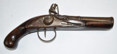 Unnamed flintlock blunderbuss pistol with heavily engraved lock and 7 inch cannon barrel, overall