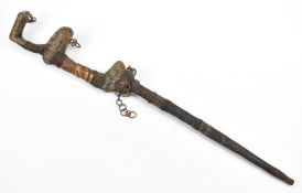 Tribal wire bound and bone handled carved wooden walking or king stick, 97cm long.