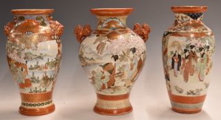 Three Japanese Kutani vases two with dragon handles, largest 31cm tall.