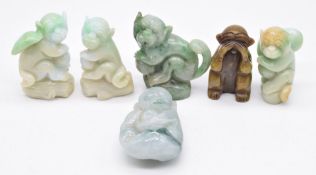 Six Chinese jade / hardstone monkey figures, tallest 6cm