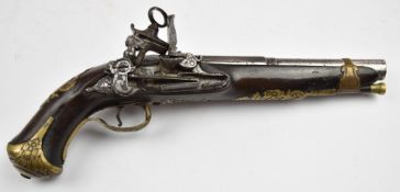 Continental miquelet flintlock belt pistol with engraved steel lock and hammer, engraved brass
