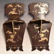 Japanese Meiji period pair of lacquer wall brackets with folding shelves and gilt decoration