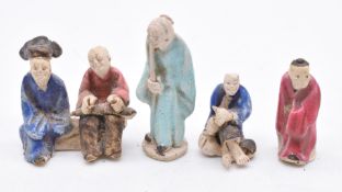 Five miniature Chinese pottery figures with coloured enamel decoration in Japanese box, largest 3.