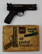 Webley Premier .22 air pistol with named and chequered grips and adjustable sights, serial number