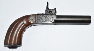 Belgian percussion hammer action pocket pistol with engraved lock, top plate and folding trigger,