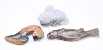 Three Chinese carved jade / hardstone fish figures, longest 12.5cm