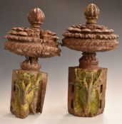Pair of Eastern carved hard wood capitols, finials or temple pieces with leaf decoration, 51cm tall.
