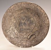 Chinese 19thC/early 20thC pewter bowl with relief decoration of birds, dragons and foliage, 21.5cm