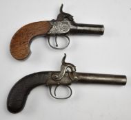 Two percussion hammer action pocket pistols one with engraved lock, trigger guard, hammer and top