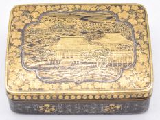 Japanese 19thC Meiji period gilt inlaid metal snuff or pill box, W6 x D4.2 x H1.6cm