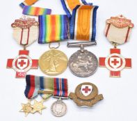 WW1 nurse's medals comprising War and Victory Medals named to M E Thomas together with three Red