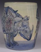 Dennis Chinaworks signed limited edition 73/76 barrel vase decorated with rhinos, H18.5cm