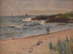 An oil on board depicting figures walking on the coast of Kamakura Japan, titled and monogrammed RLH