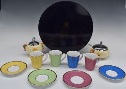 Royal Worcester cased set of coffee cups and two pieces of Clarice Cliff, tallest 12cm