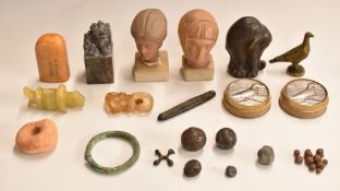 A collection of Chinese and similar items including soapstone seals, bronze African elephant,